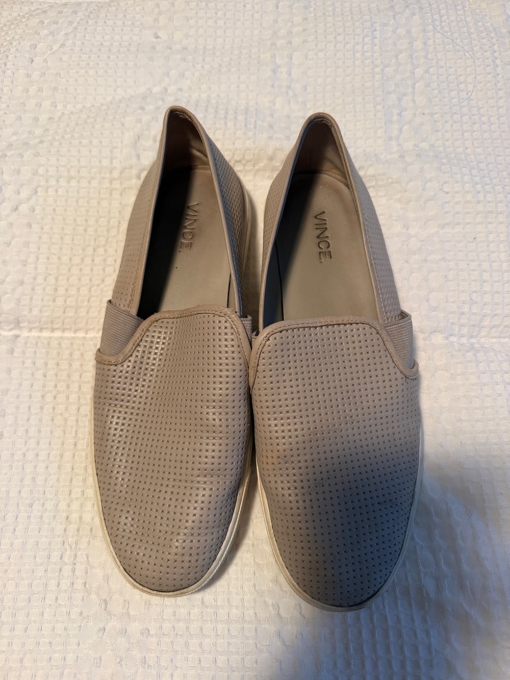 Vince Perforated Slip-On Sneakers in Taupe and White